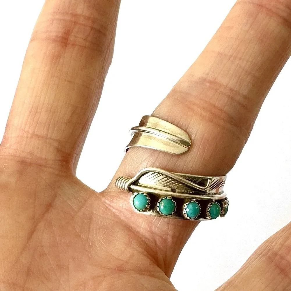 Navajo Turquoise Wrap Ring Feather‎ Sz 6 Adjustable Bypass Sterling Signed AD